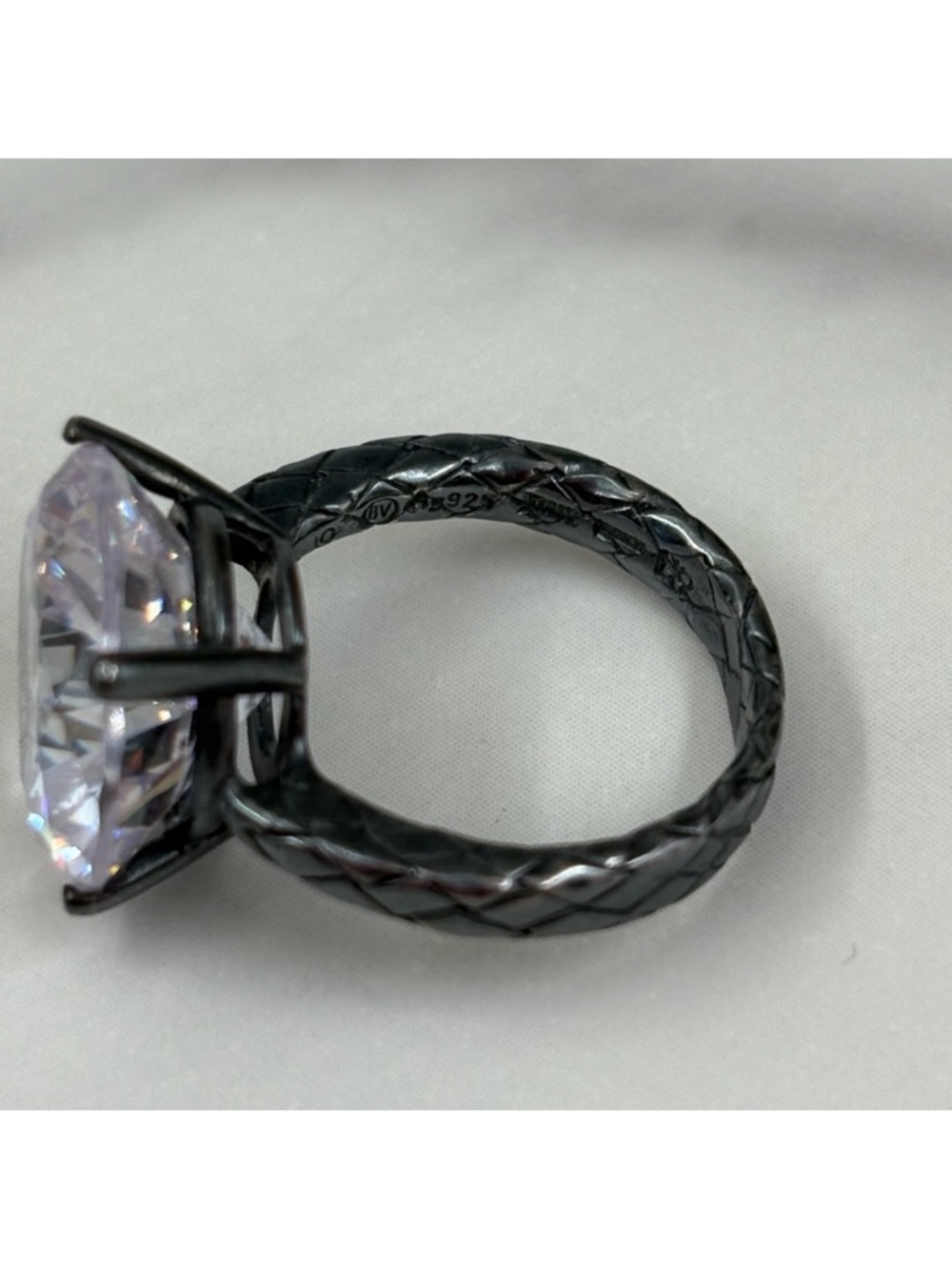 Bottega Veneta Blackened Silver Braided Band Ring with Clear Stone